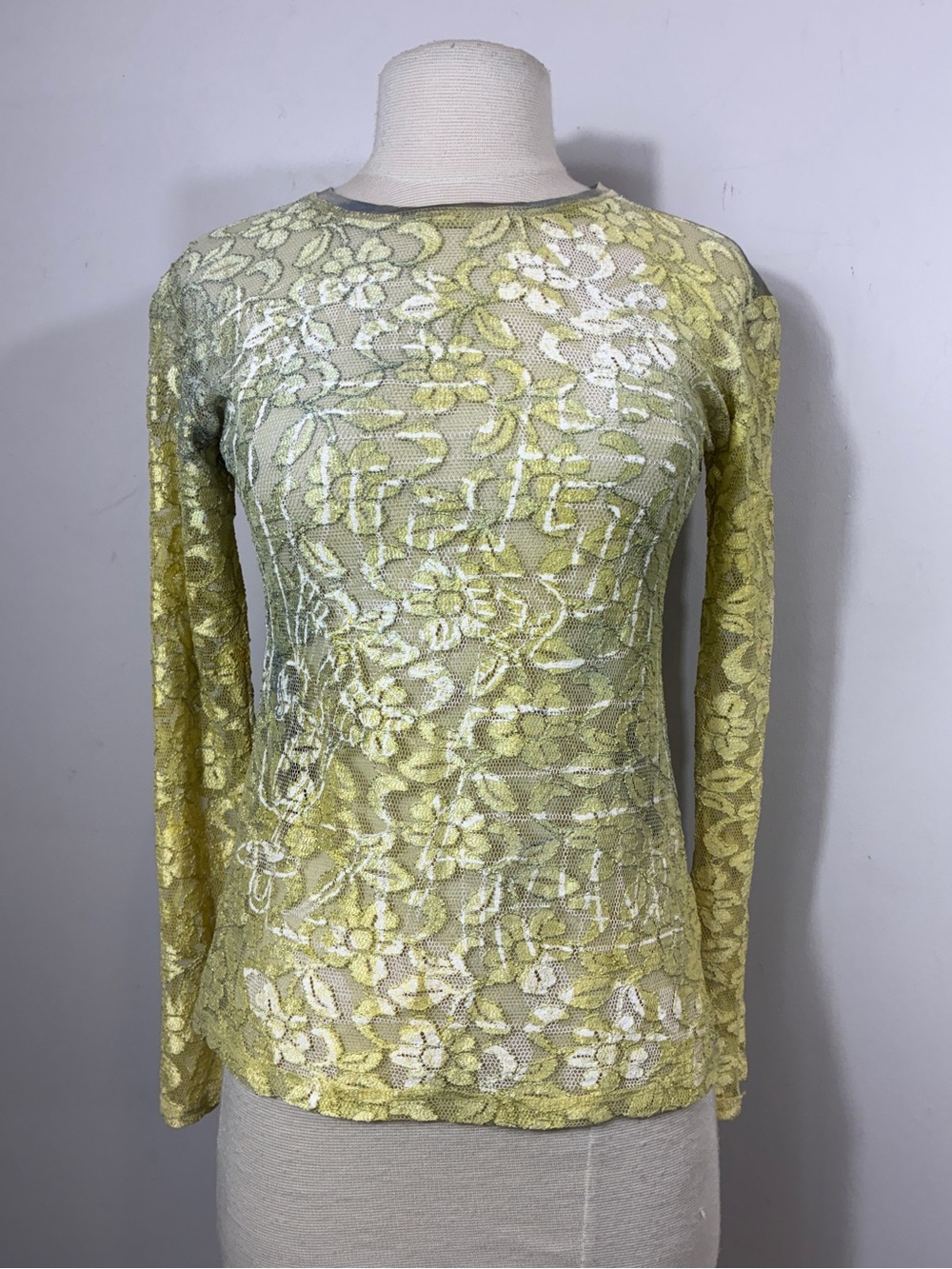 The People of the Labyrinths Yellow Lace Sheer Long Sleeve Mesh Top Small